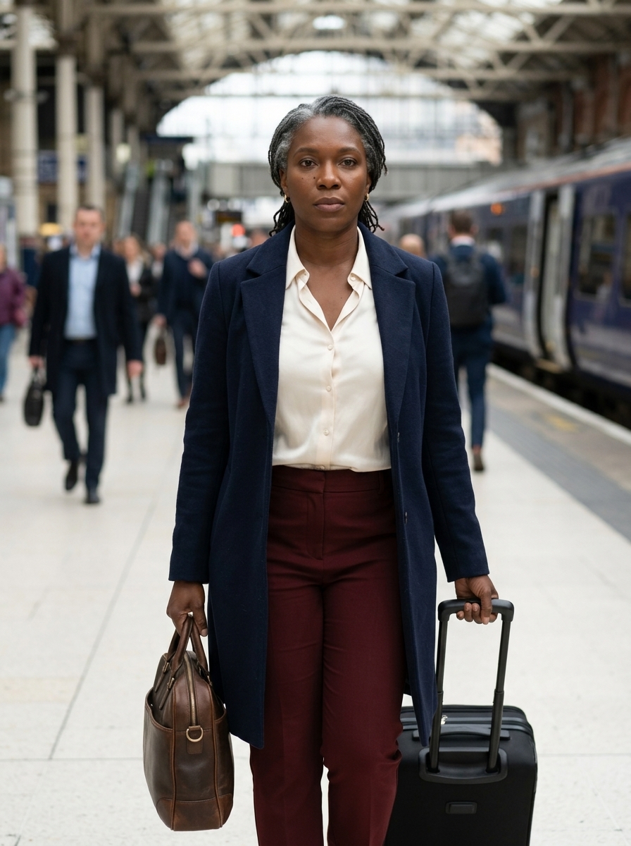 Nneka Okafor walking through a railway terminal.