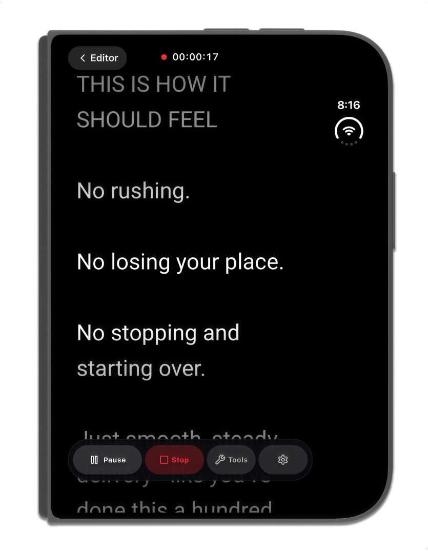 Prompster 2.1 on iPhone Duo with the teleprompter expanded across both displays