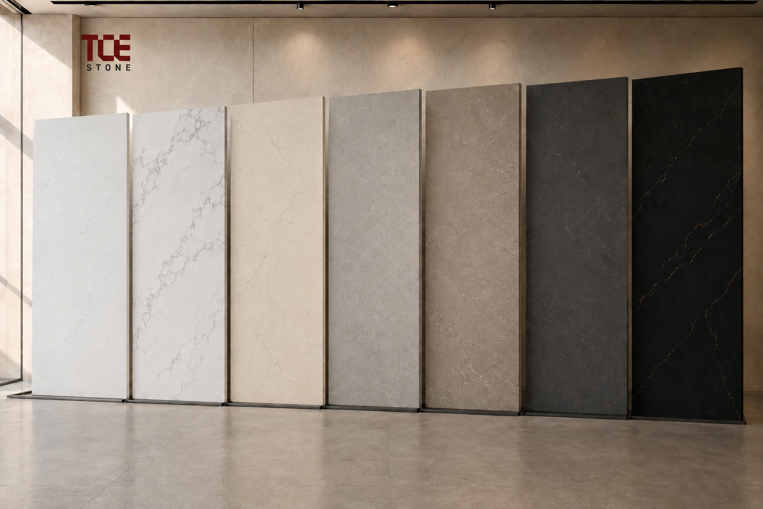 TCE Stone showroom displaying the TCE Stone logo and seven quartz surface slabs