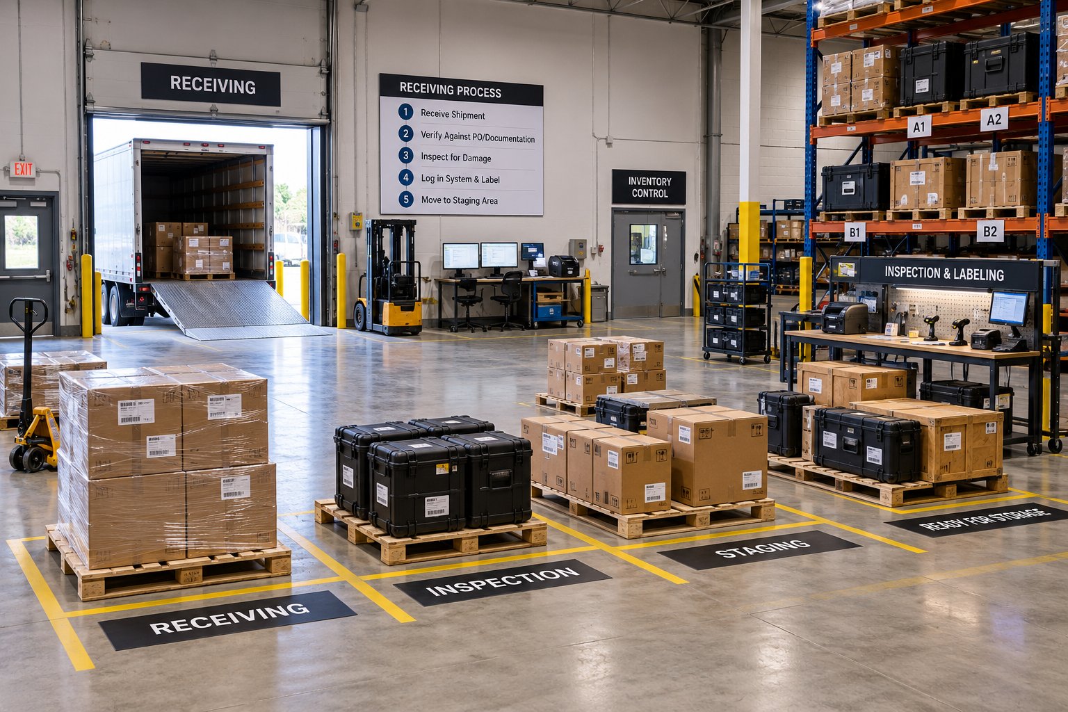 Warehouse receiving area with pallets moving through receiving, inspection, staging, and ready-for-storage lanes