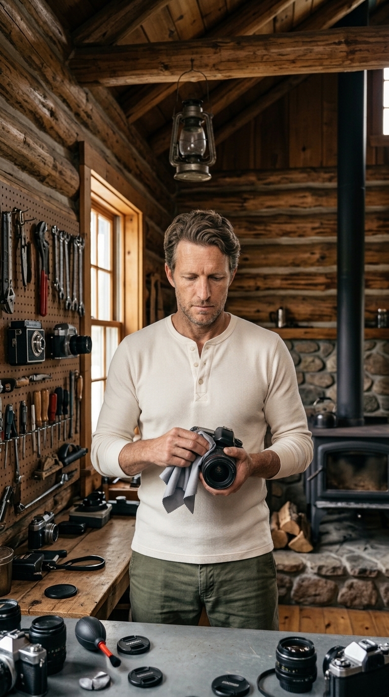 Elias Thorne cleaning a camera lens in the field.