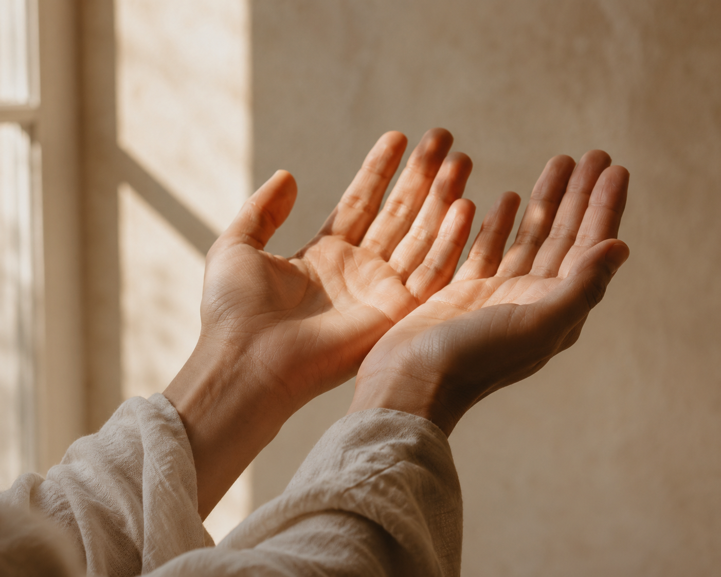 Two open palms held gently upward on a warm linen surface — a live spiritual advisor reads the lines, mounts, and patterns your hands carry