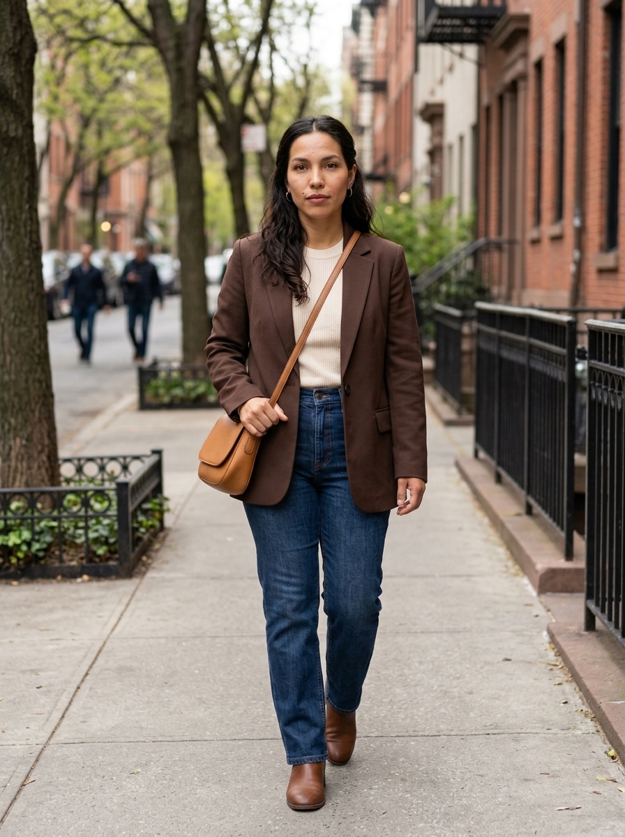 Camila Reyes walking through a city neighbourhood.