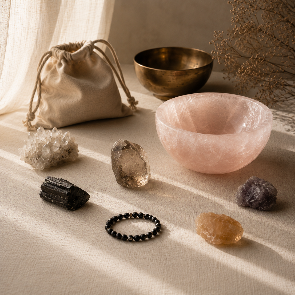 A curated collection of healing stones and crystals arranged on a warm natural surface — the sourcing service finds pieces like these for you