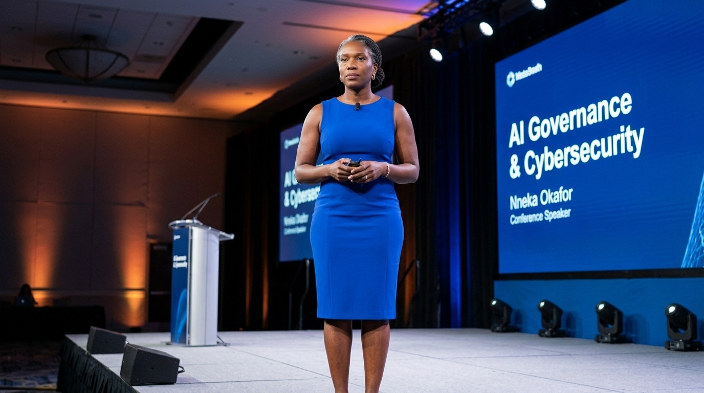 Nneka Okafor standing on a conference stage.