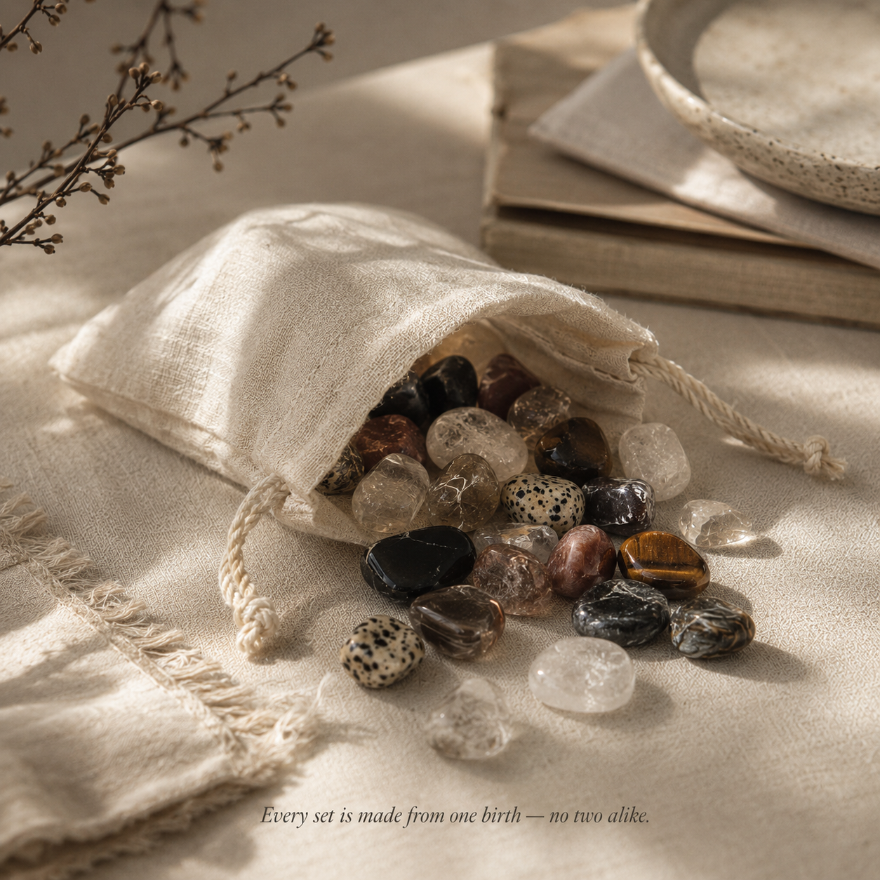 A handcrafted stone pouch filled with birthstones and alignment crystals, resting on a natural linen surface — every set is made from one birth, no two alike