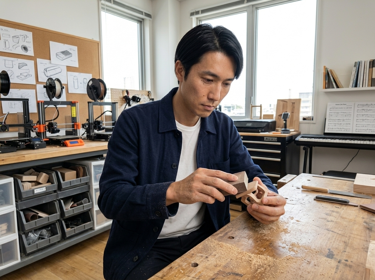 Kenji Sato sanding a wooden prototype.