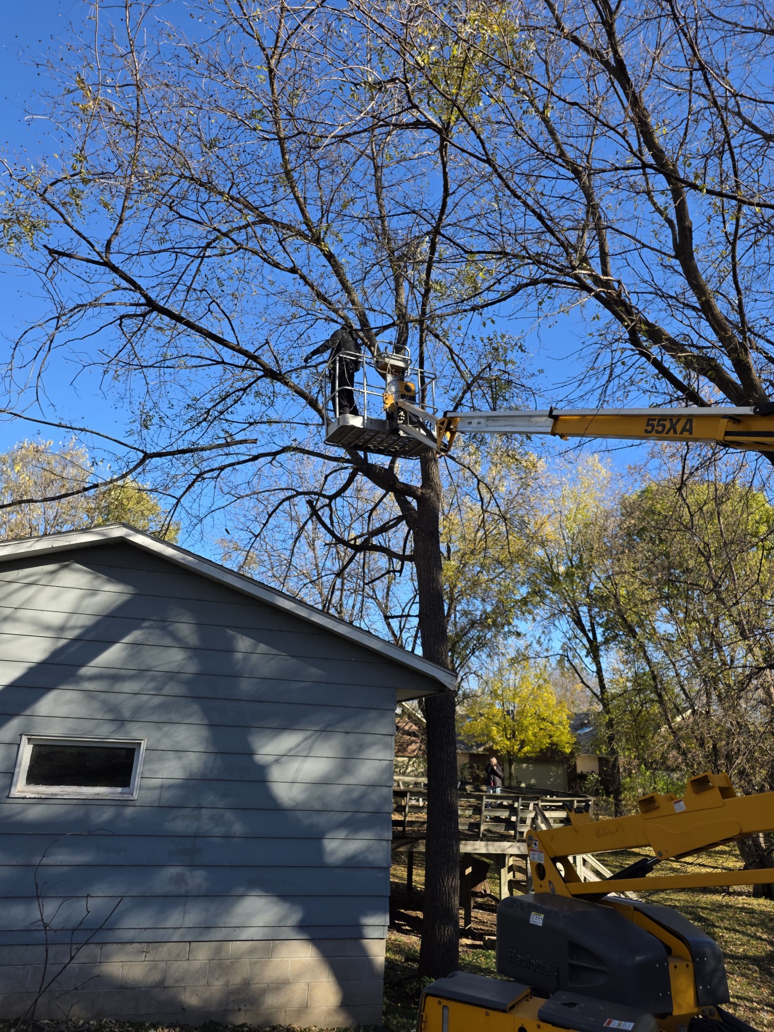 MN Tree Crew crane removal next to garage