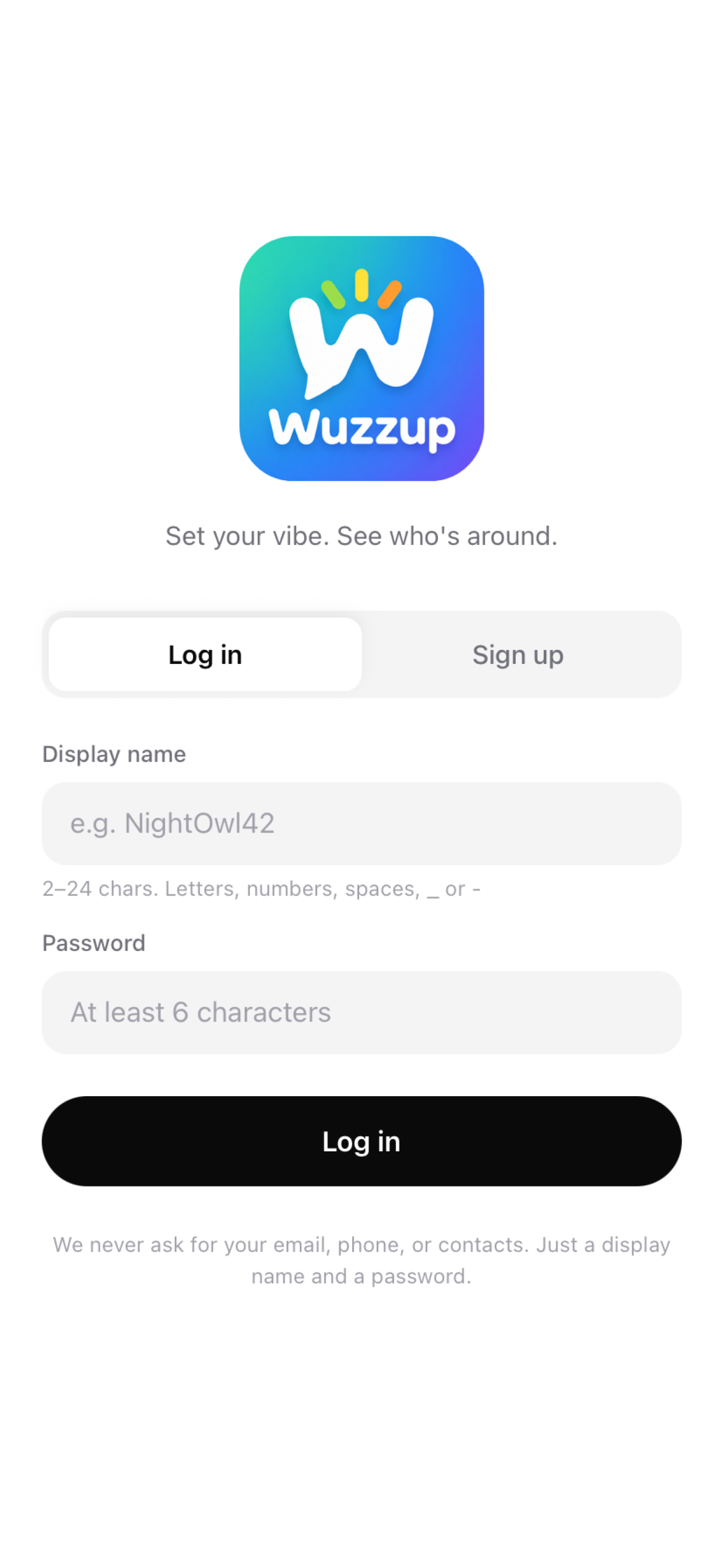 Wuzzup login screen
