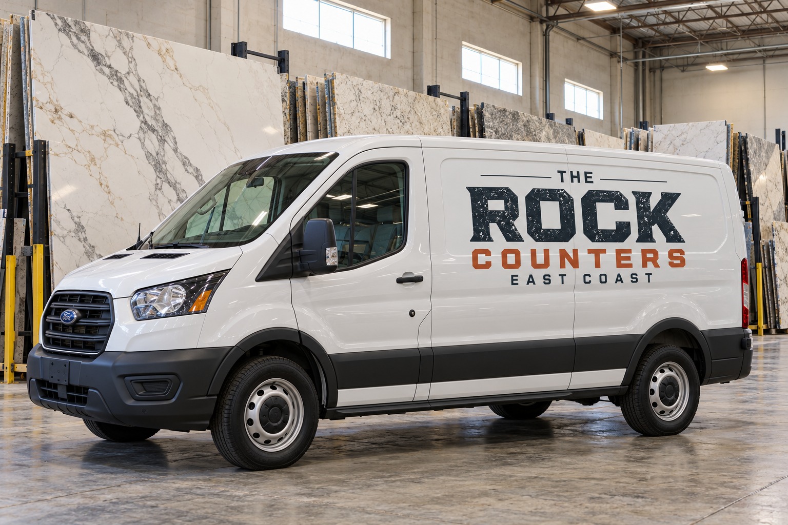 White van with The Rock Counters East Coast logo in front of stone slabs inside a warehouse