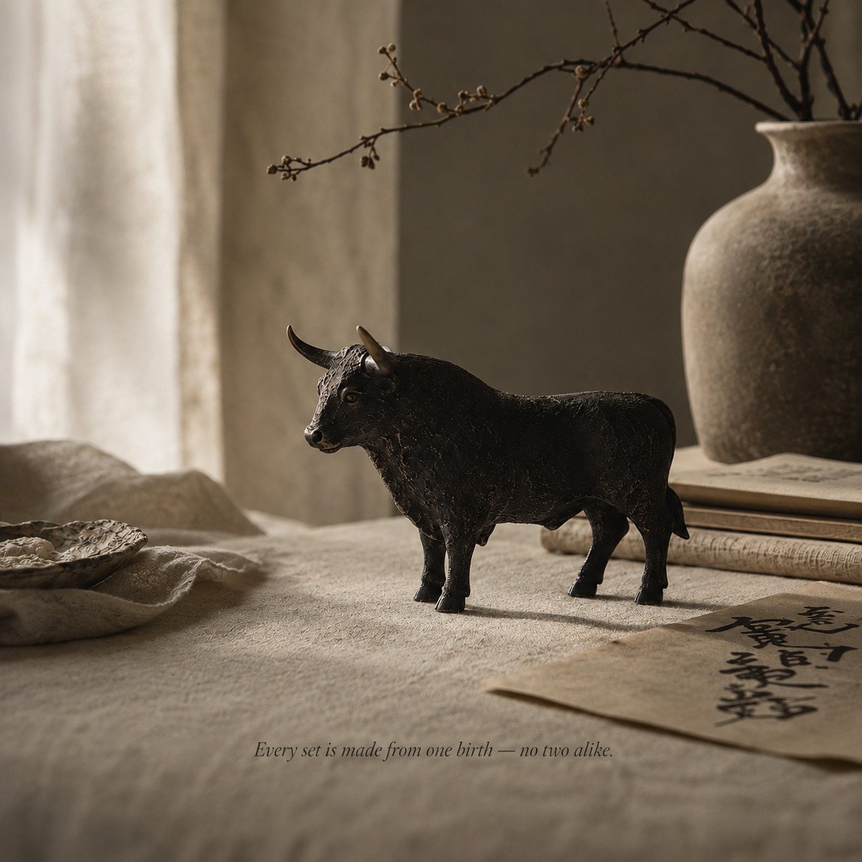 A hand-painted Chinese zodiac animal statue in warm earth tones, placed on a stone surface — every set is made from one birth, no two alike