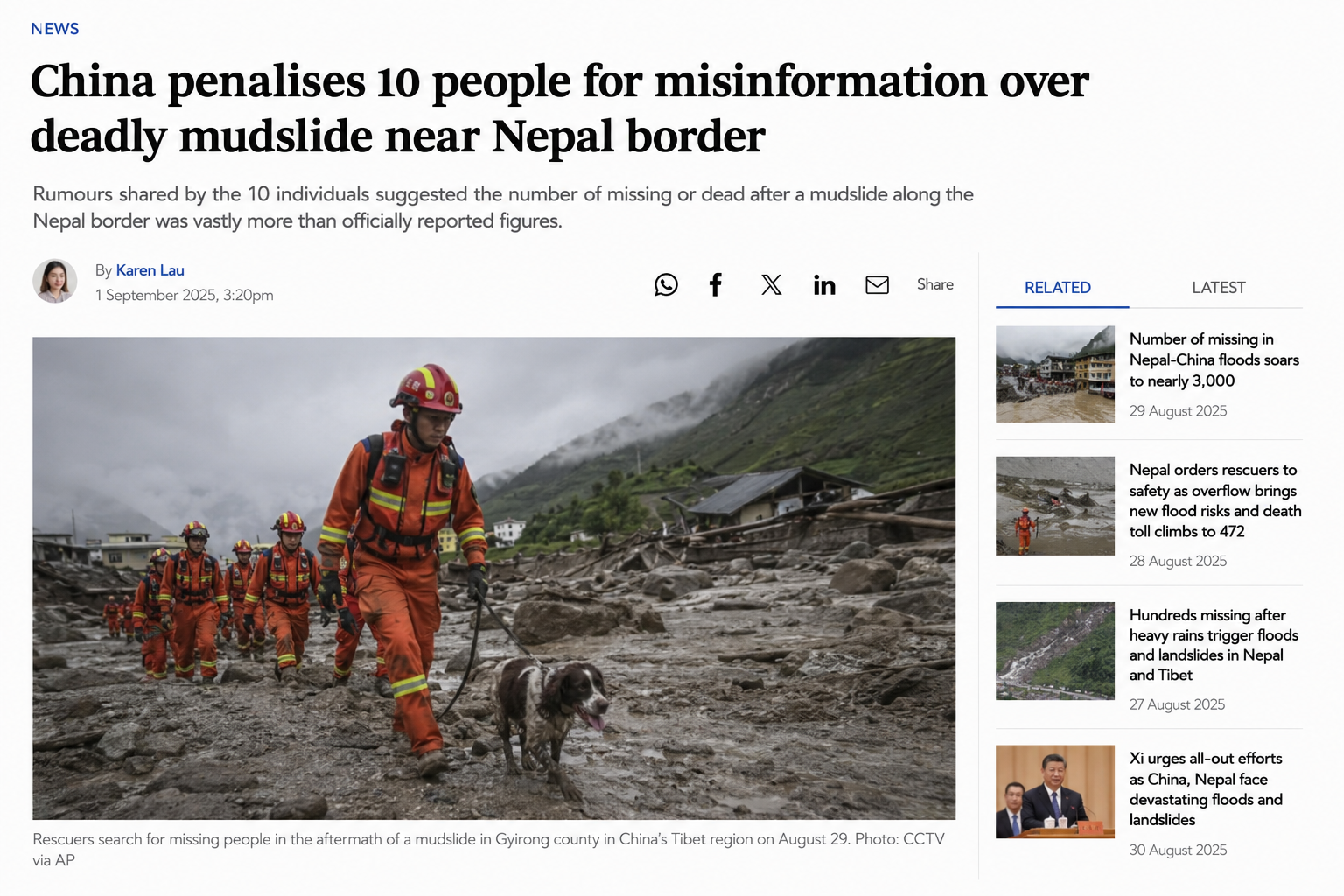 China penalises 10 people over misinformation about deadly mudslide near Nepal border