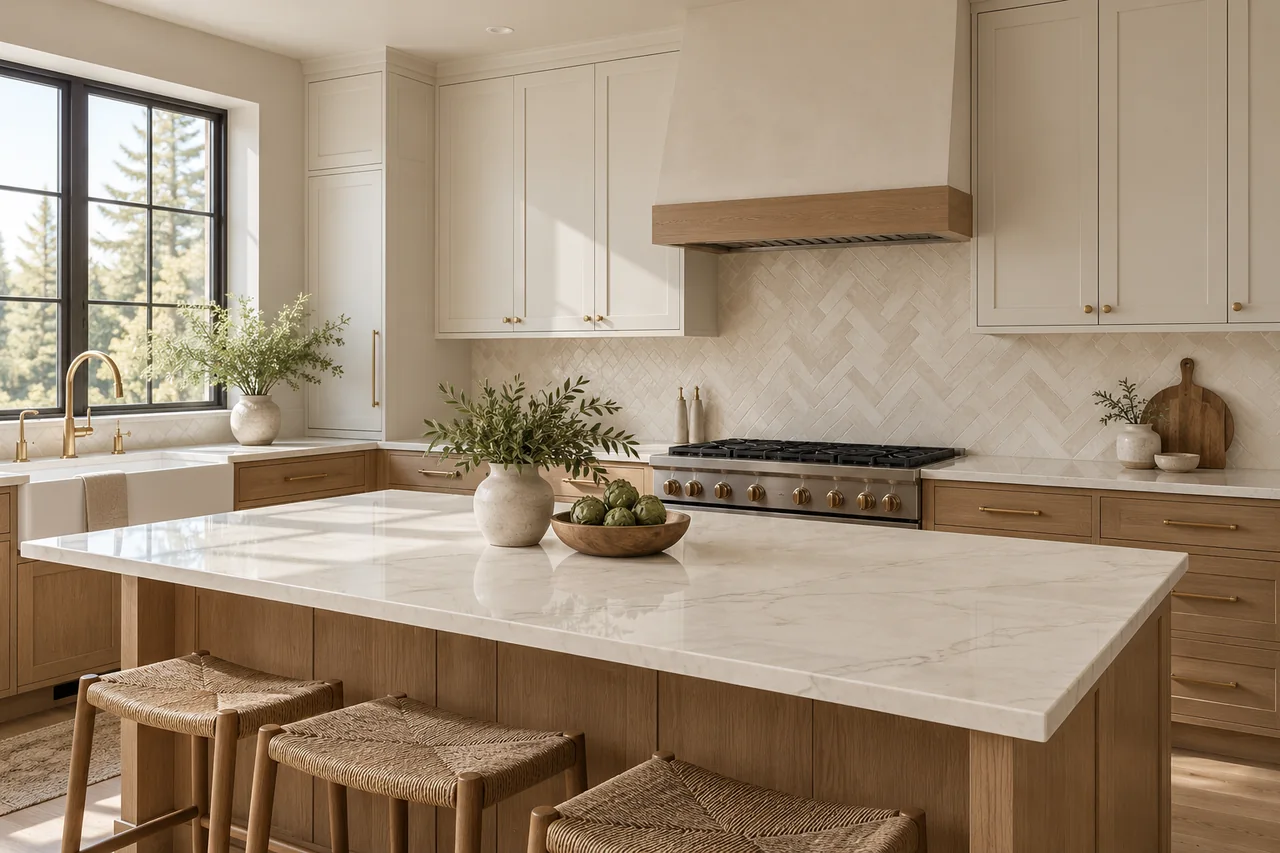 Warm oak cabinetry with a softly veined ivory countertop and cream herringbone backsplash