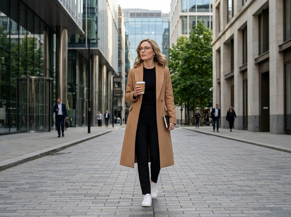 Edith Parker walking through a business district.