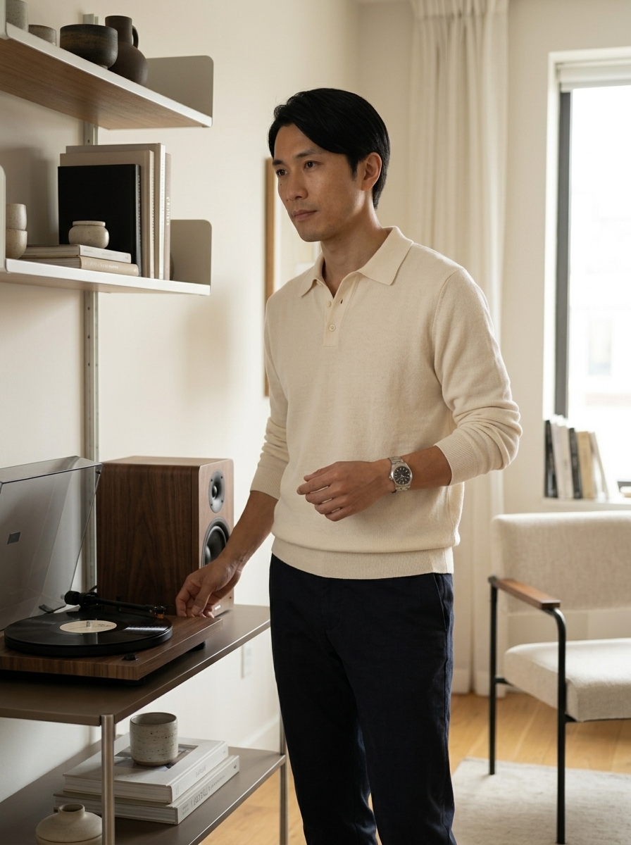 Kenji Sato listening to a record at home.