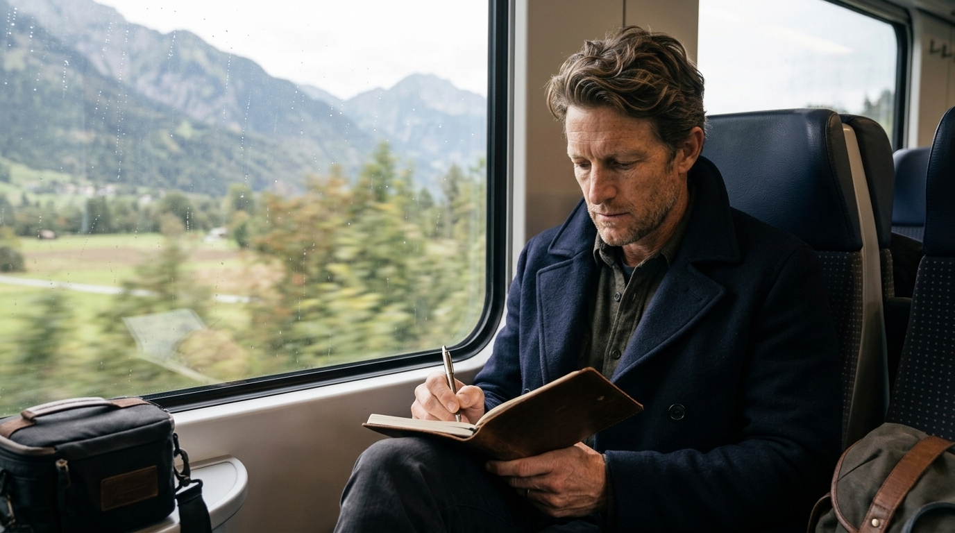Elias Thorne writing field notes in a journal.