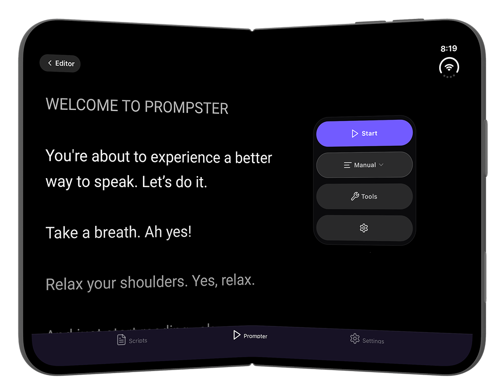 iPhone Duo partially folded and set on a table as a tabletop teleprompter running Prompster