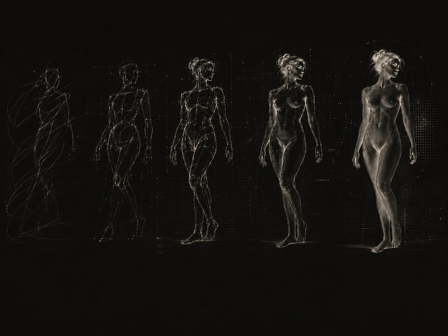 Dark editorial study of a virtual character, drawn from sketch to finished figure.
