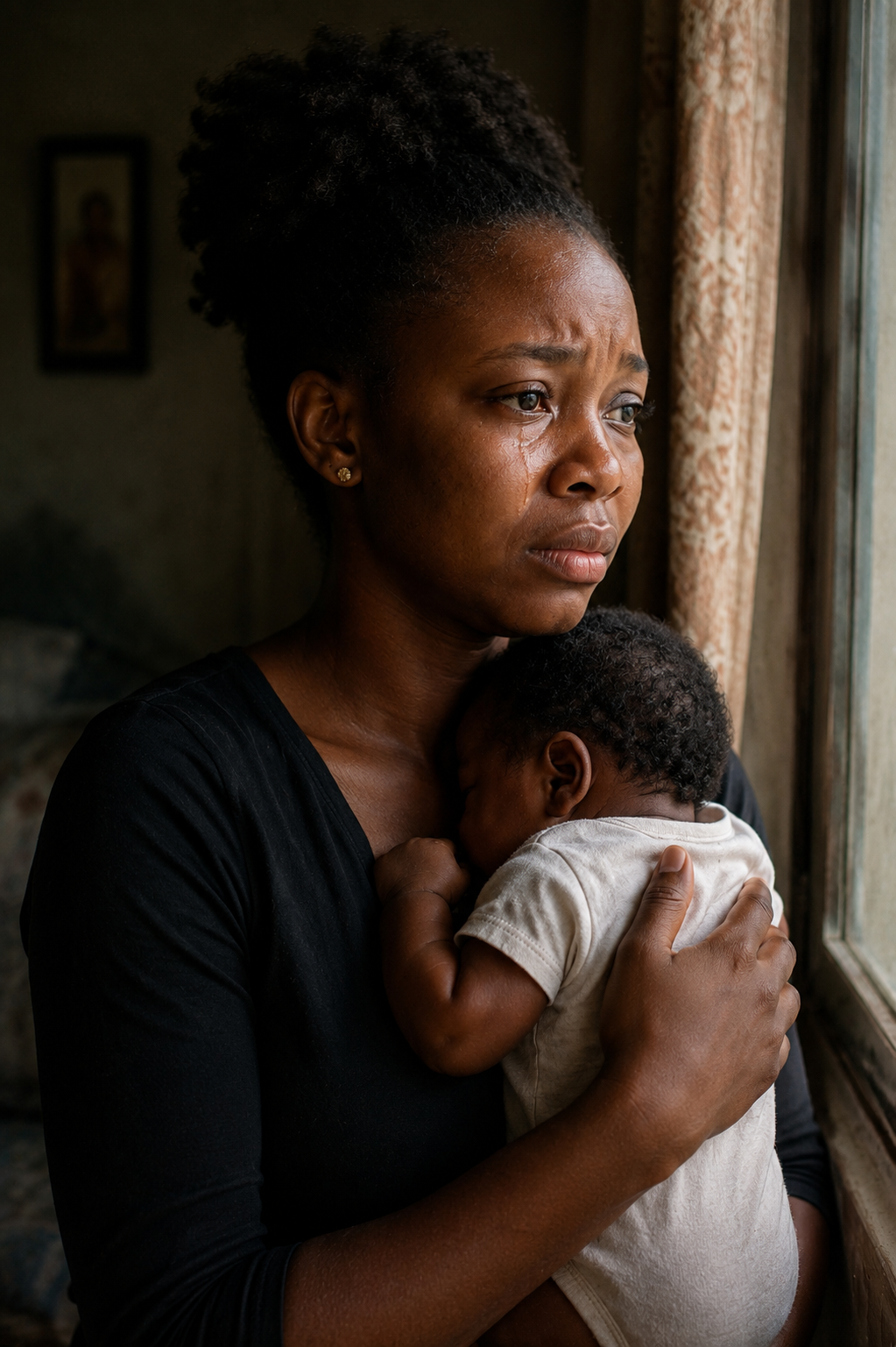 A young Nigerian mother sitting quietly in soft morning light, holding her baby, representing the silent struggle of postpartum depression.