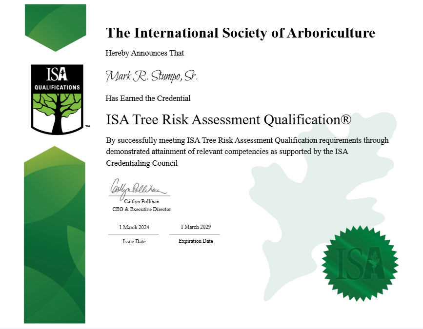 Mark Stumpo Sr. ISA Tree Risk Assessment Qualification Certificate