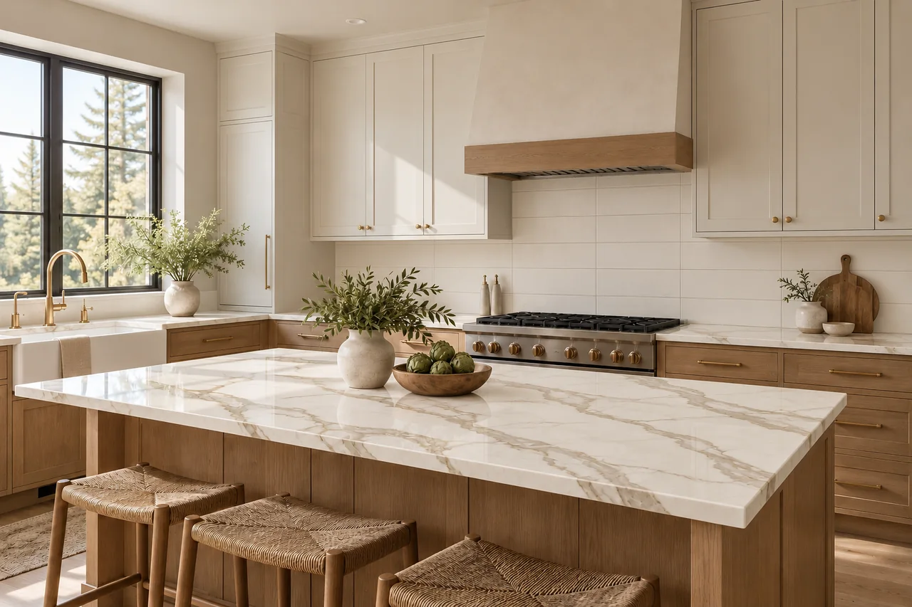 The same oak kitchen with expressive grey-gold countertop veining and simple warm-white stacked backsplash tile