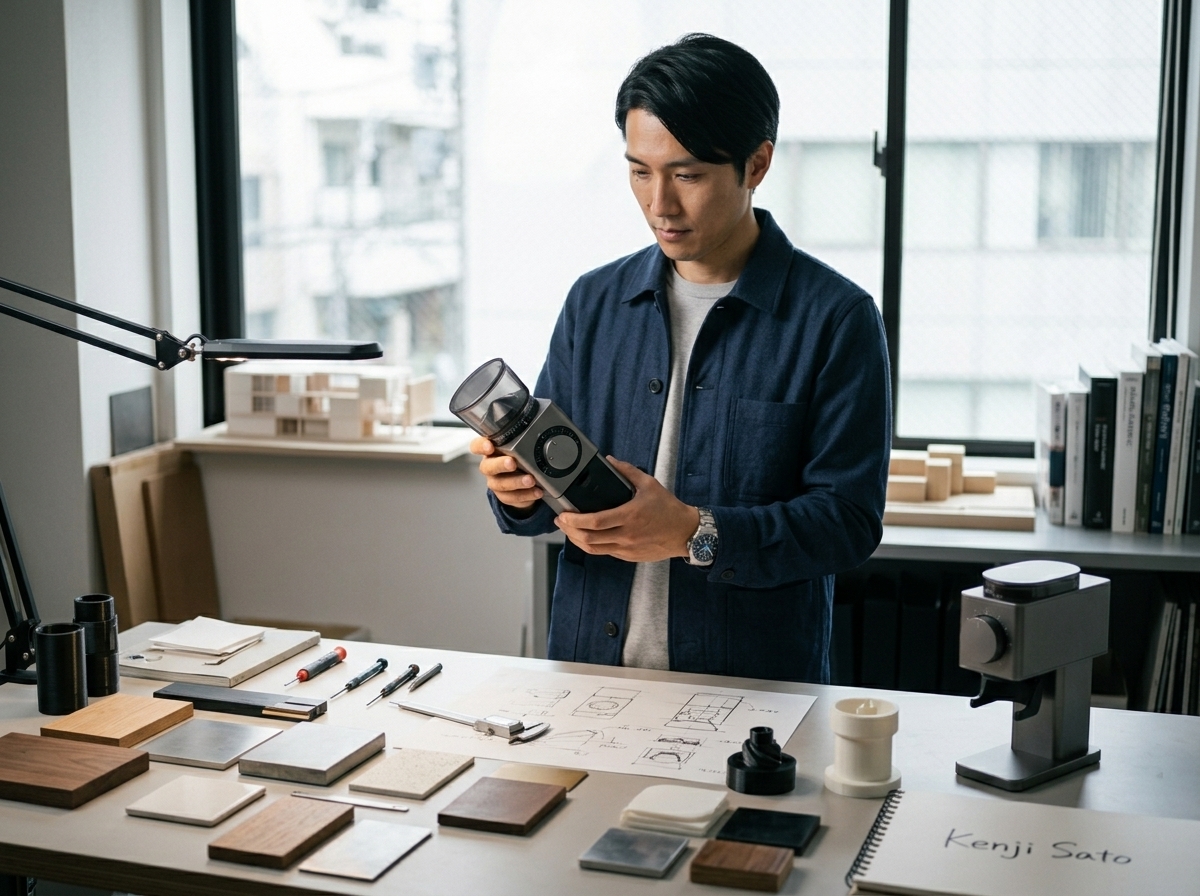 Kenji Sato reviewing a coffee grinder prototype.