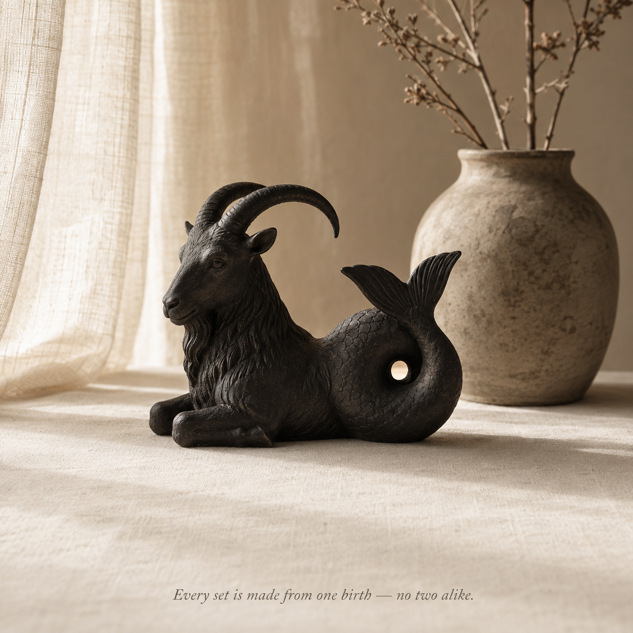 Capricorn sea-goat statue in warm window light — the Western symbol statue