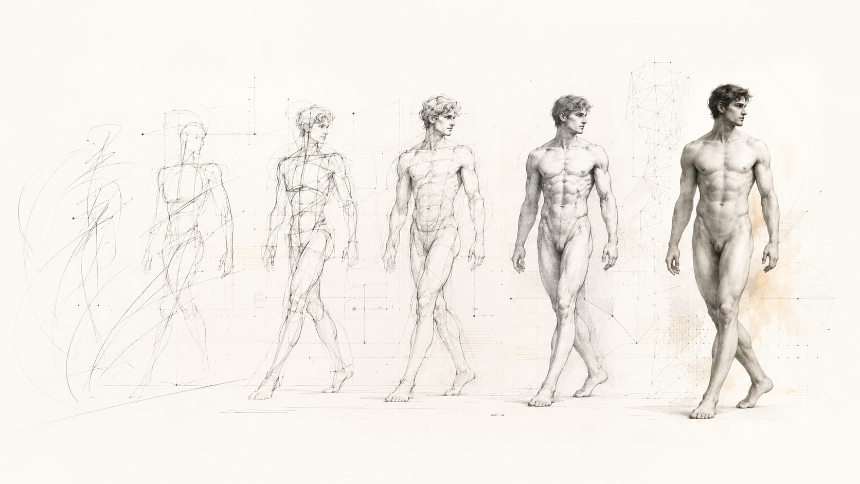 A pale editorial anatomical study showing the evolution of a male virtual character from sketch to finished figure.
