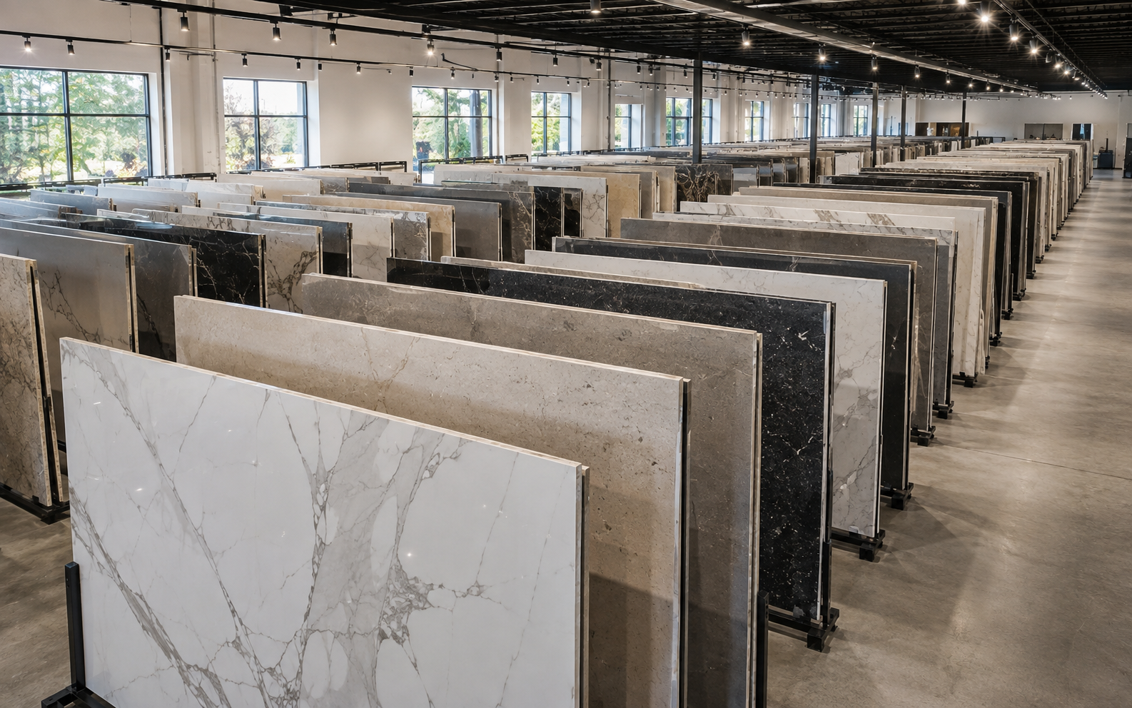 Wide selection of countertop slabs and tile materials in a professional showroom