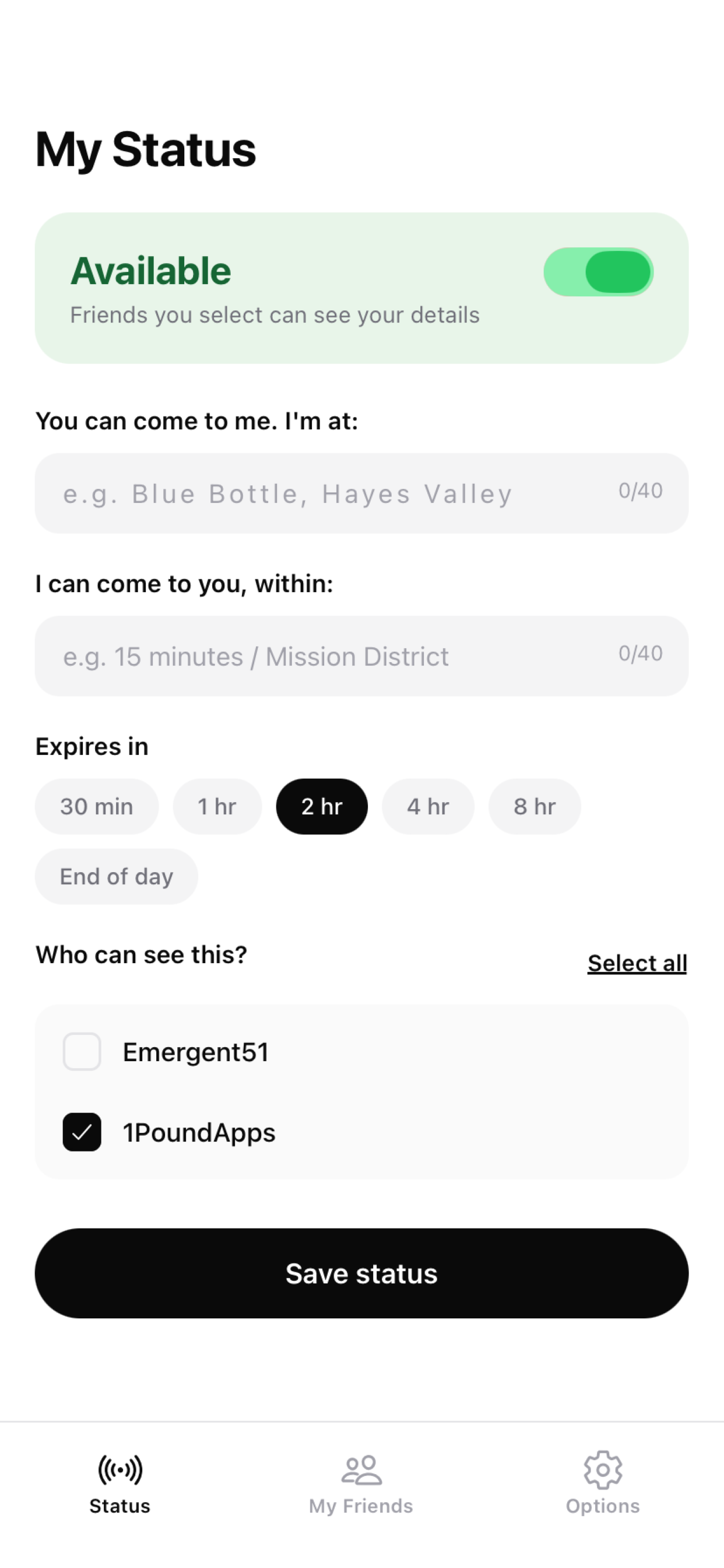 Wuzzup status available screen