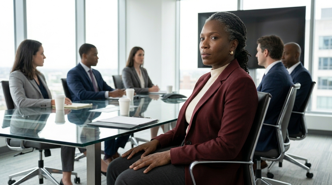 Nneka Okafor seated in a strategy room.