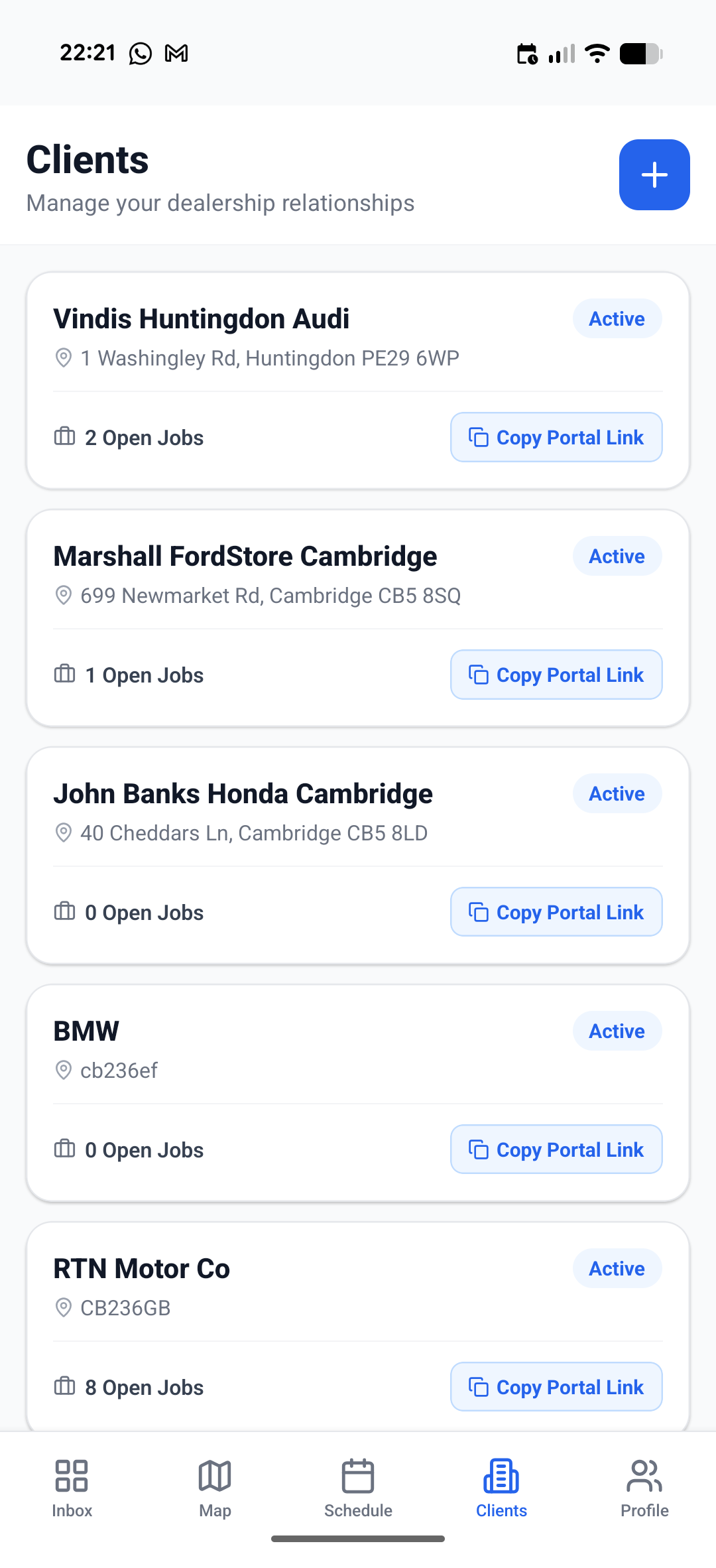 List of dealership clients with portal links