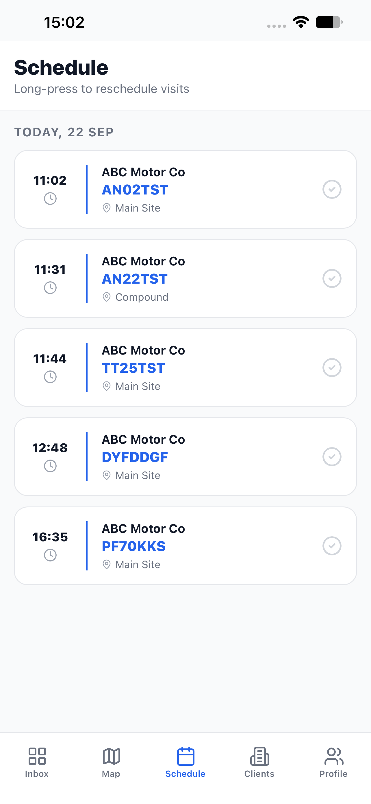 Schedule view for the day's visits