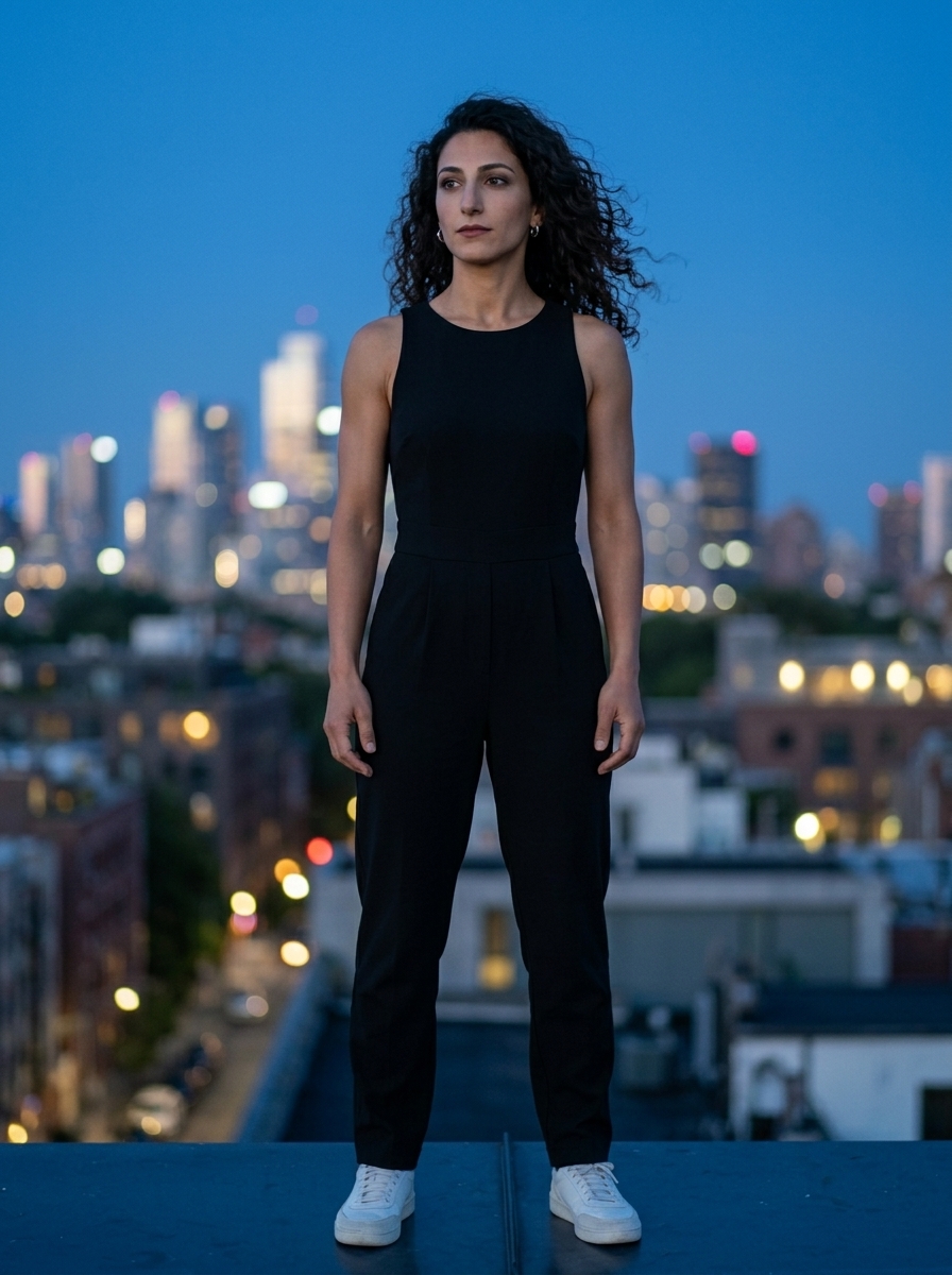 Leila Haddad standing on a rooftop above the city.