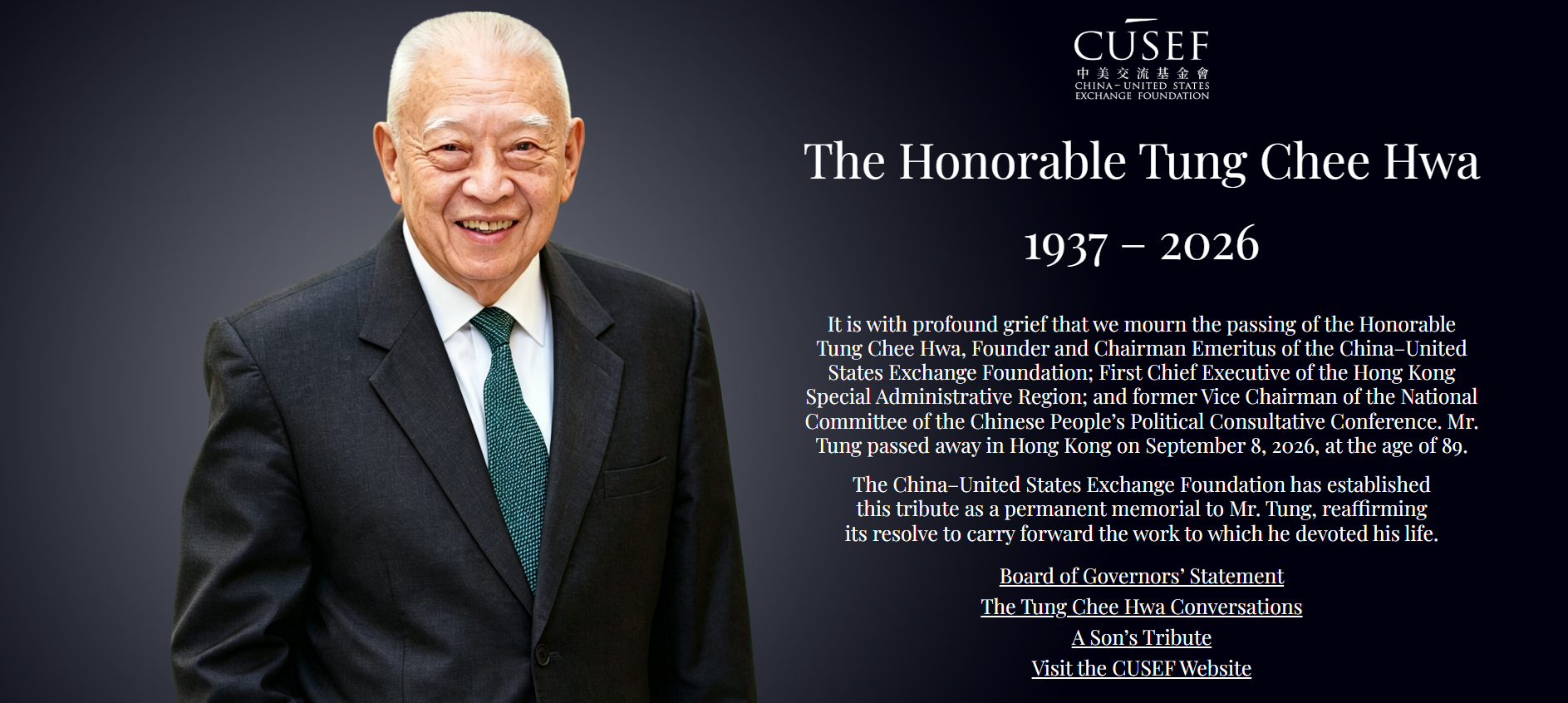 CUSEF Establishes Permanent Tribute to Tung Chee Hwa, Honouring a Life Dedicated to Dialogue