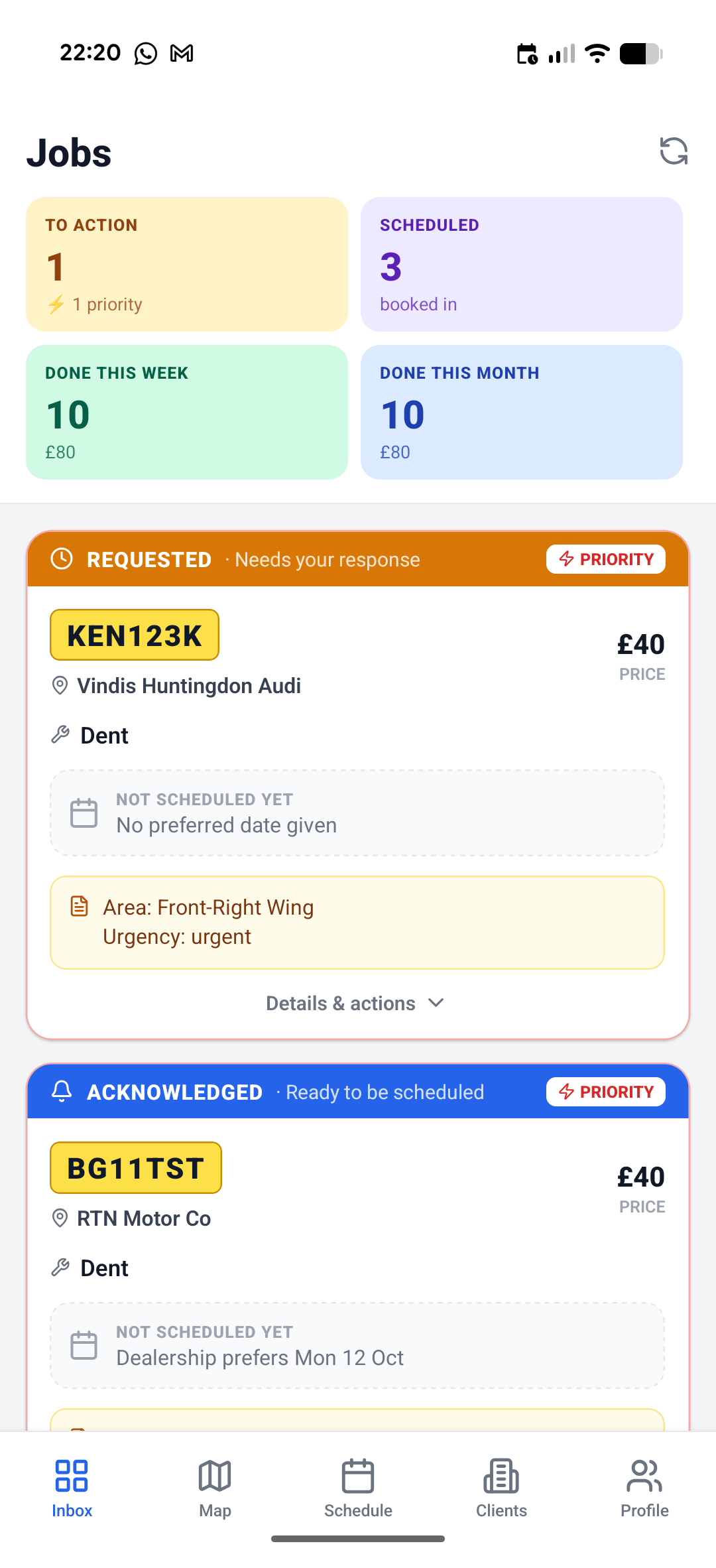 Jobs page showing incoming and active job requests