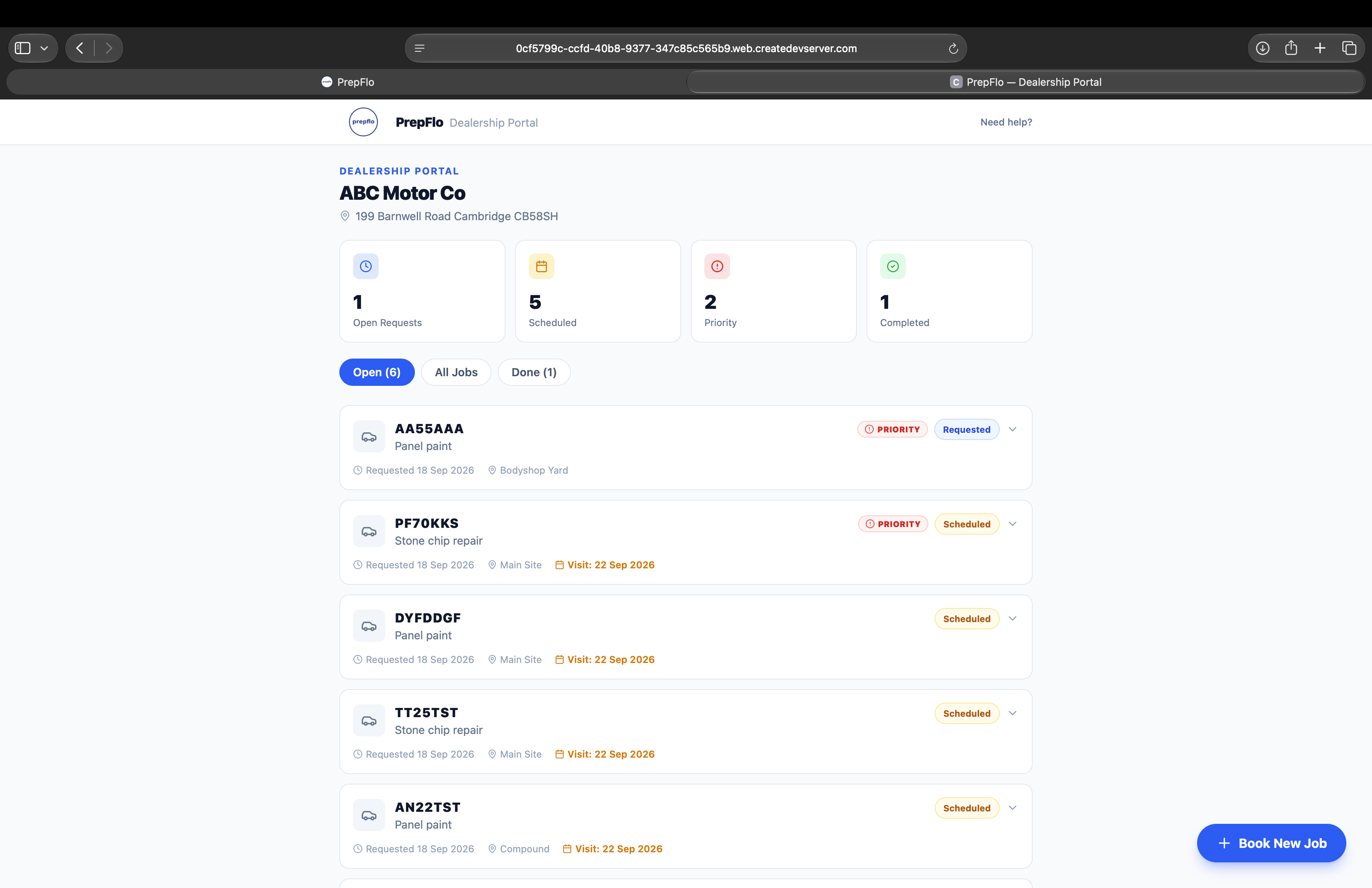 Dealership booking portal where clients raise and track job requests