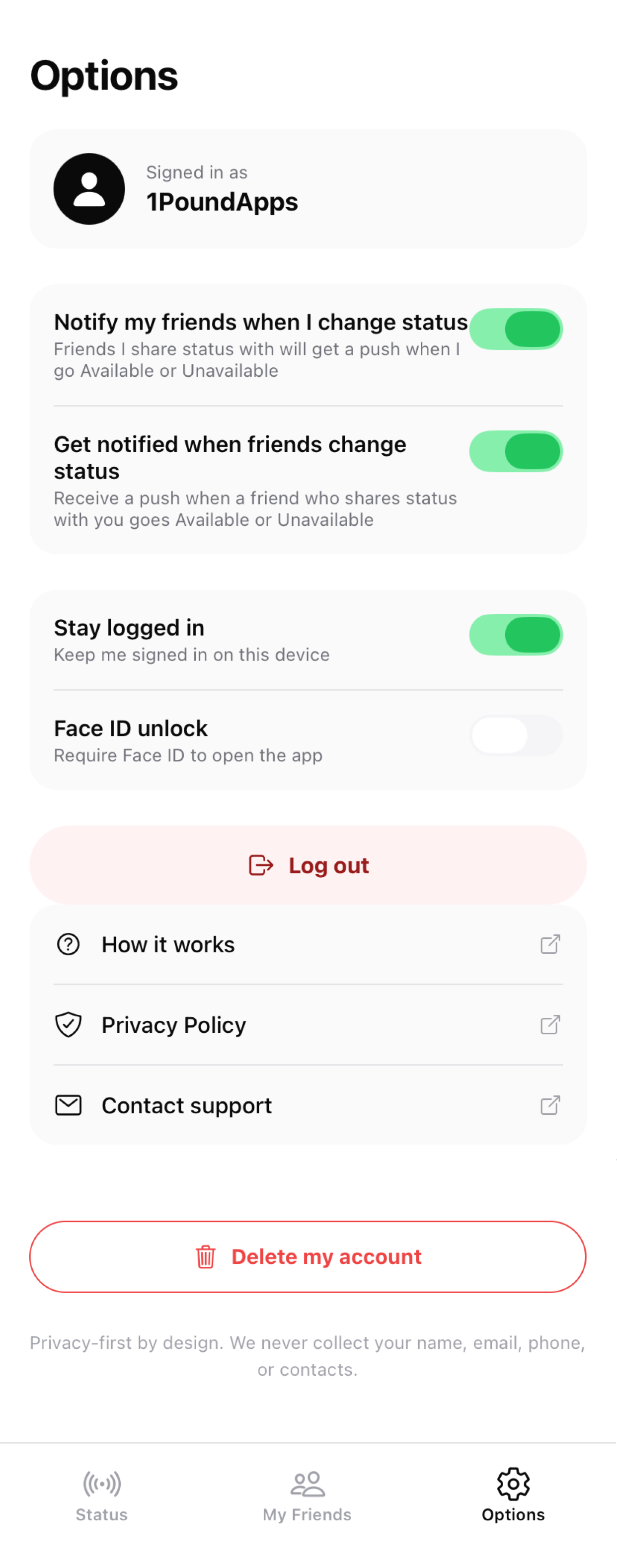 Wuzzup settings / options screen