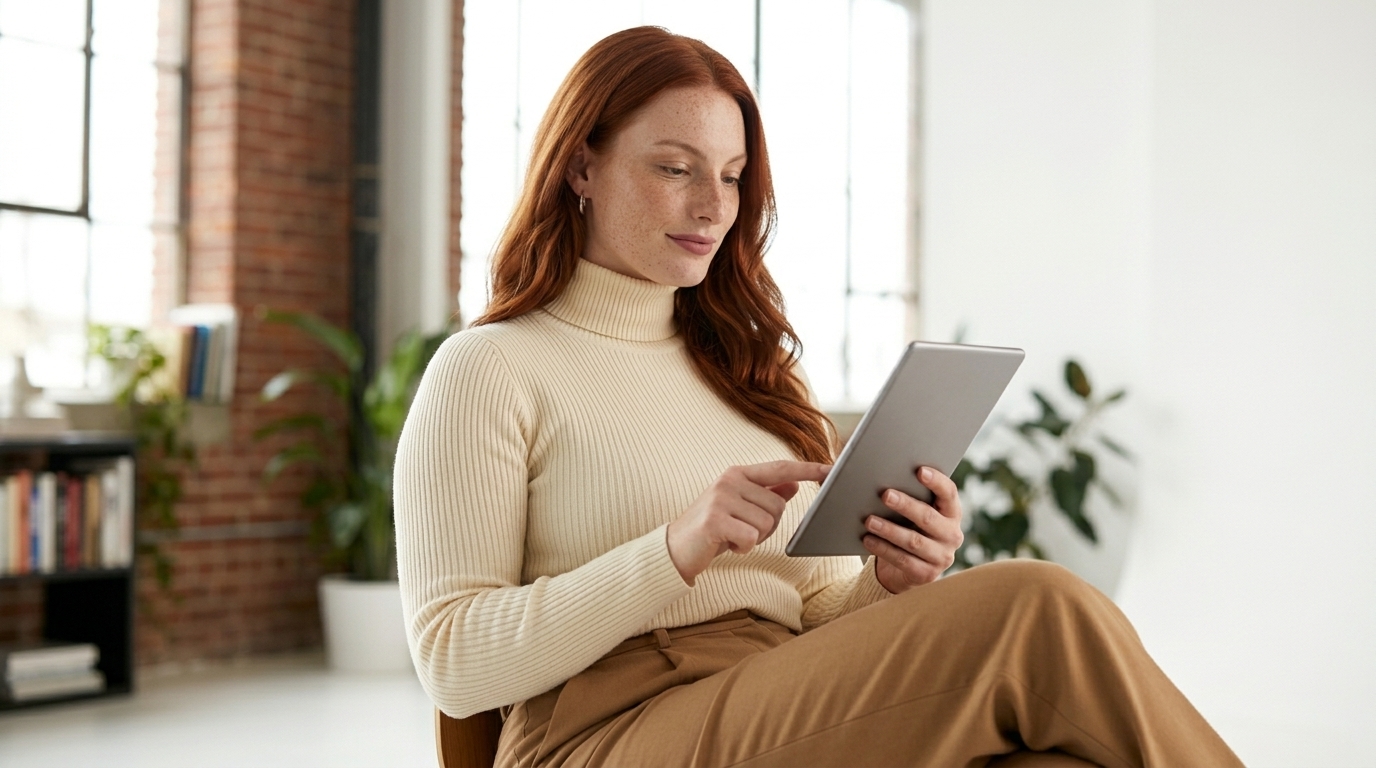 Zana Novak holding a digital e-reader.