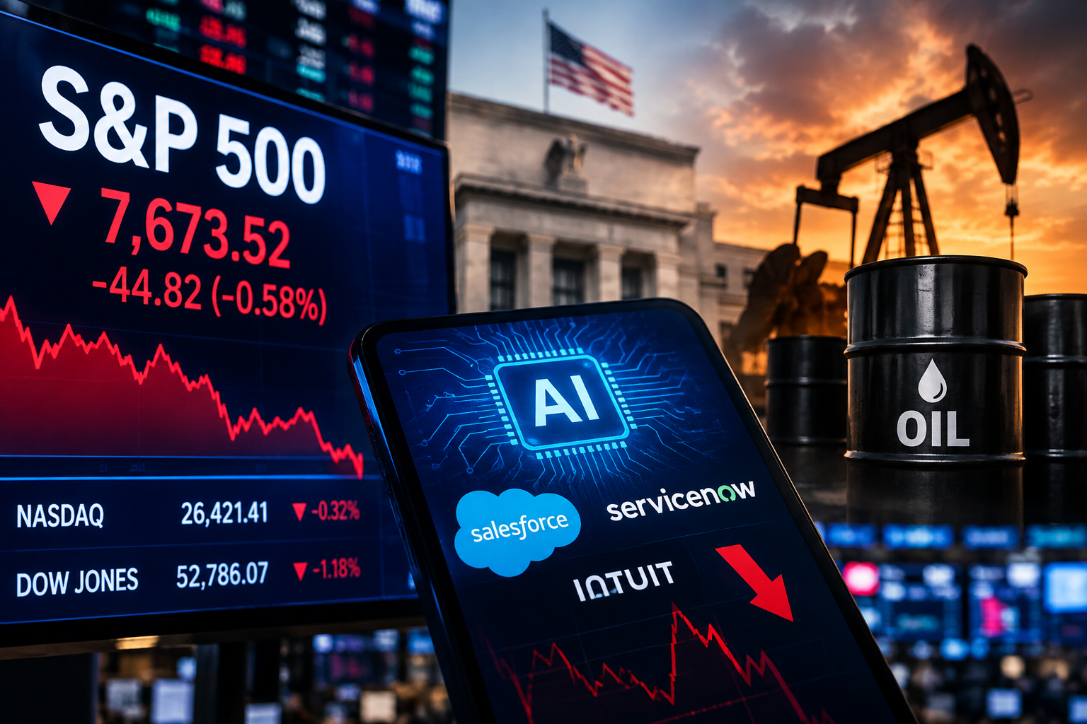 S&P 500 Falls as AI Fears Hammer Software Stocks and Middle East Tensions Push Oil Higher