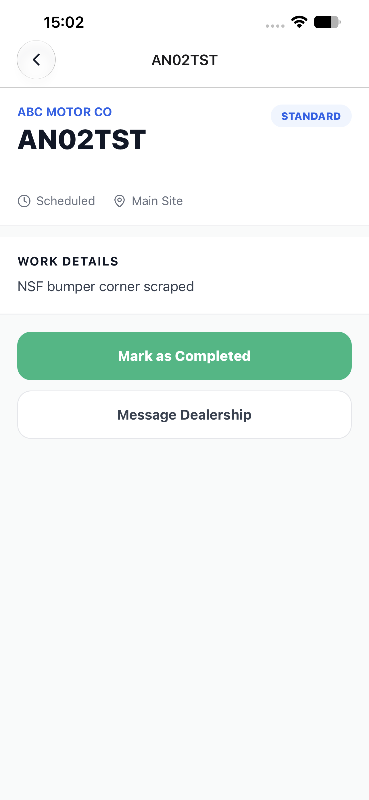 Job card with vehicle and repair details