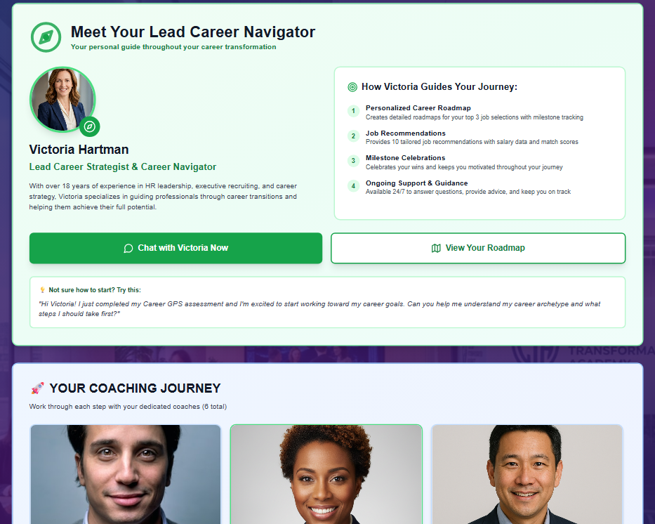 Career transformation dashboard showing a personalized coaching journey