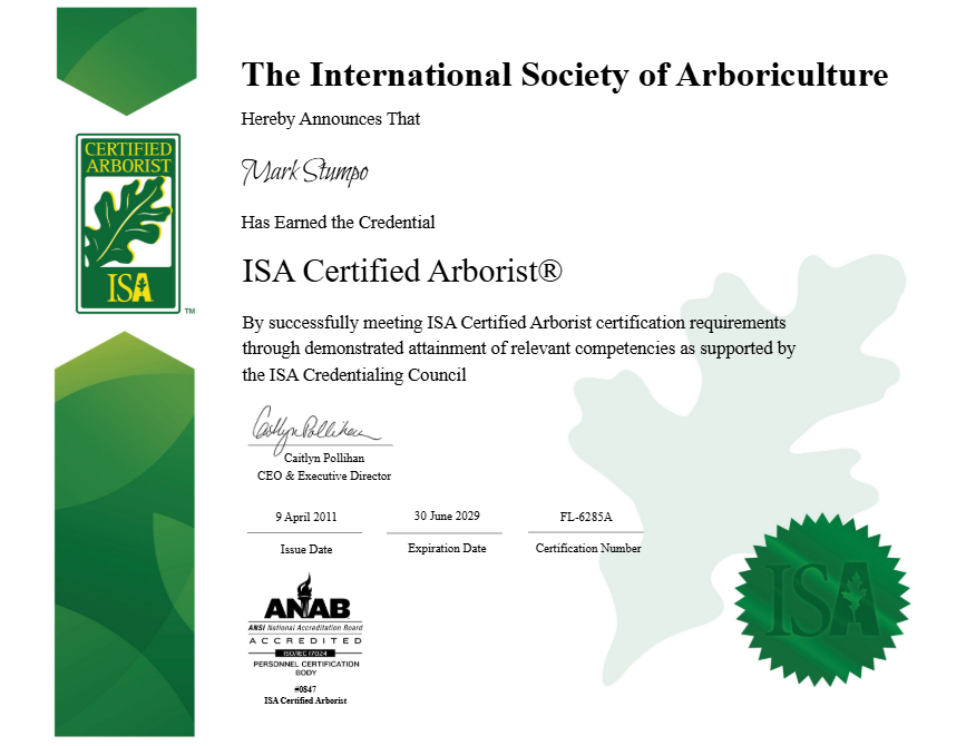 Mark Stumpo Sr. ISA Certified Arborist Certificate