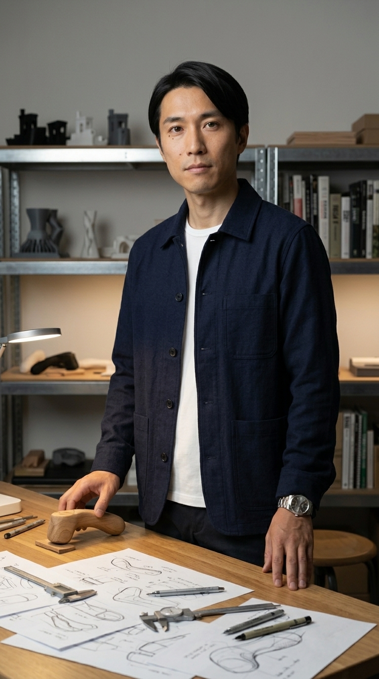 Kenji Sato standing at his design workbench.